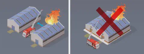ilustração comparativa dividida em duas cenas. À esquerda, um caminhão de bombeiros se move para apagar um inc