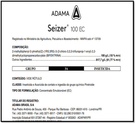 Seizer 100 EC: Bula do Inseticida ADAMA com Bifentrina recorte da bula ou rótulo do produto agrícola Seizer 100 EC, fabricado pela ADAMA. O documento apresenta in
