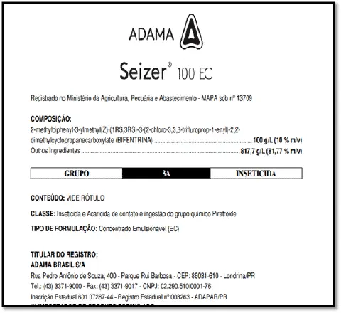recorte da bula ou rótulo do produto agrícola Seizer 100 EC, fabricado pela ADAMA. O documento apresenta in