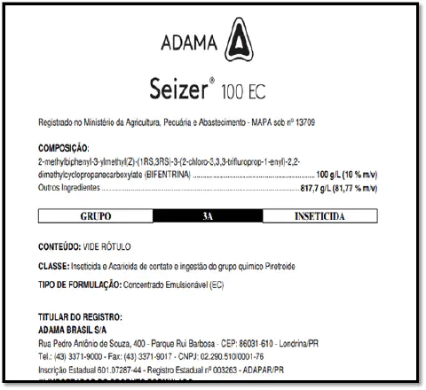 recorte da bula ou rótulo do produto agrícola Seizer 100 EC, fabricado pela ADAMA. O documento apresenta in