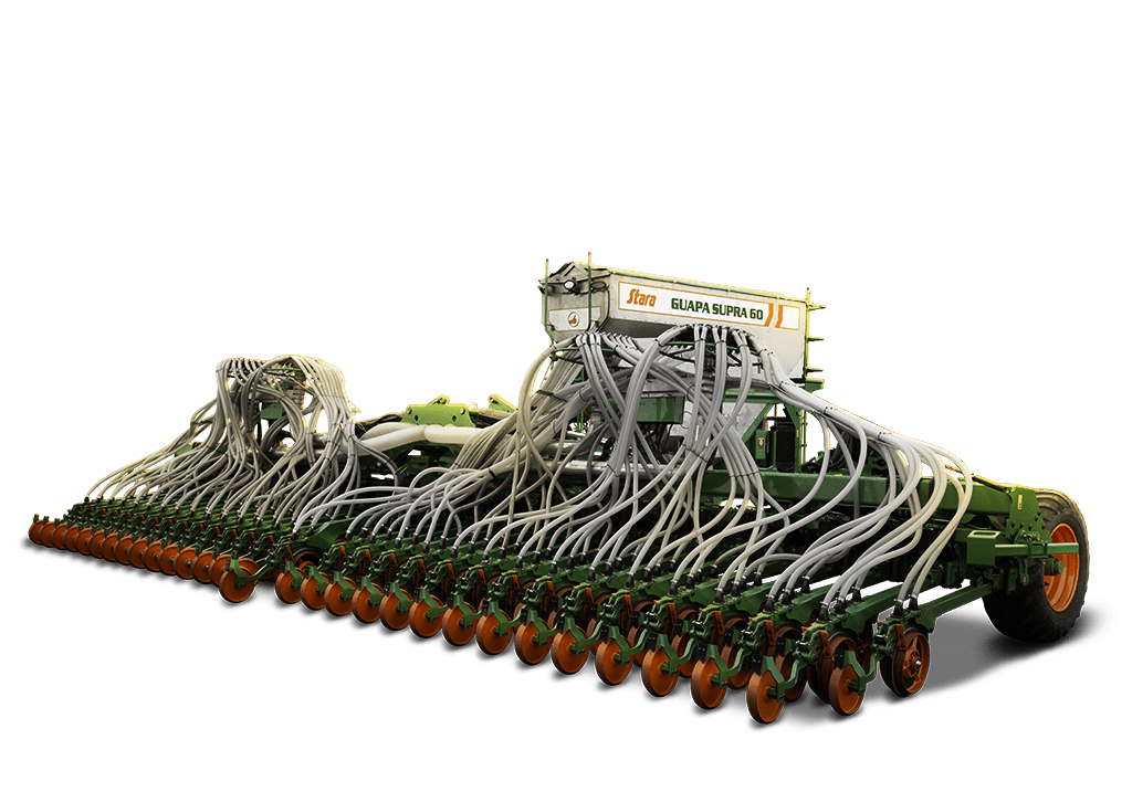 uma semeadora agrícola de grande porte, modelo Guapa Supra 60 da marca Stara, isolada em um fundo preto. O equ
