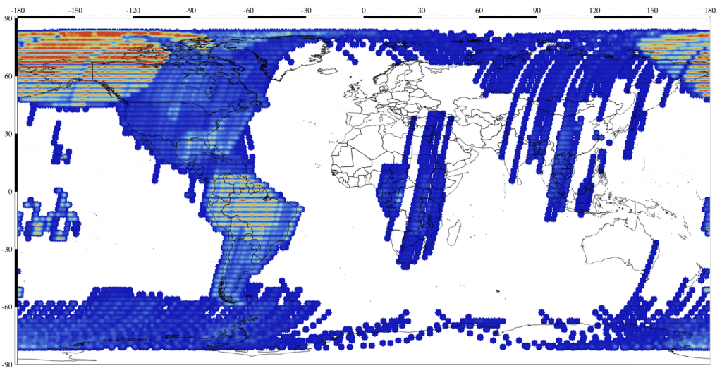 mapa-múndi com uma sobreposição de dados geoespaciais, provavelmente coletados por satélite. A visualização