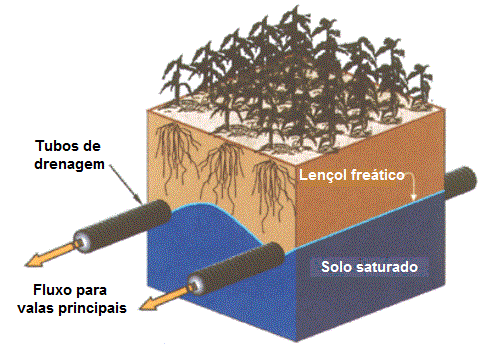 diagrama esquemático de um sistema de drenagem subterrânea em uma área agrícola. É mostrada uma seção trans