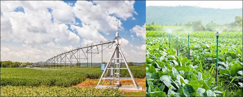 composição que compara dois sistemas de irrigação agrícola distintos. À esquerda, um sistema de pivô central,