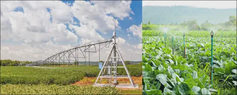 composição que compara dois sistemas de irrigação agrícola distintos. À esquerda, um sistema de pivô central,