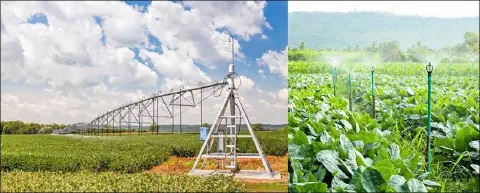 composição que compara dois sistemas de irrigação agrícola distintos. À esquerda, um sistema de pivô central,