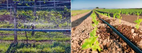 composição que compara dois métodos distintos de irrigação agrícola. À esquerda, um sistema de irrigação por a