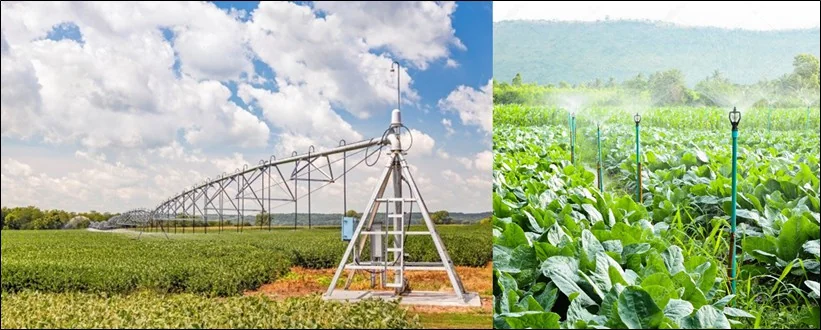 composição que exibe dois sistemas de irrigação distintos utilizados na agricultura. À esquerda, um sistema de
