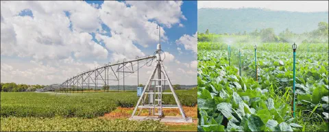 composição que exibe dois sistemas de irrigação distintos utilizados na agricultura. À esquerda, um sistema de