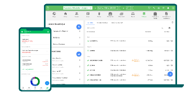 a interface do software de gestão rural Aegro em duas plataformas: um notebook e um smartphone. No notebook, a