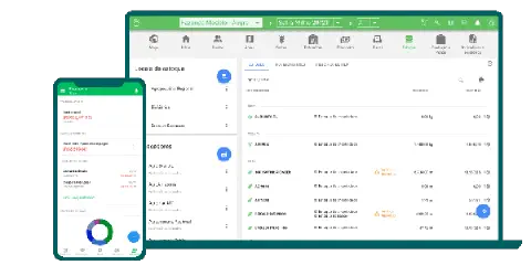 a interface do software de gestão rural Aegro em duas plataformas: um notebook e um smartphone. No notebook, a