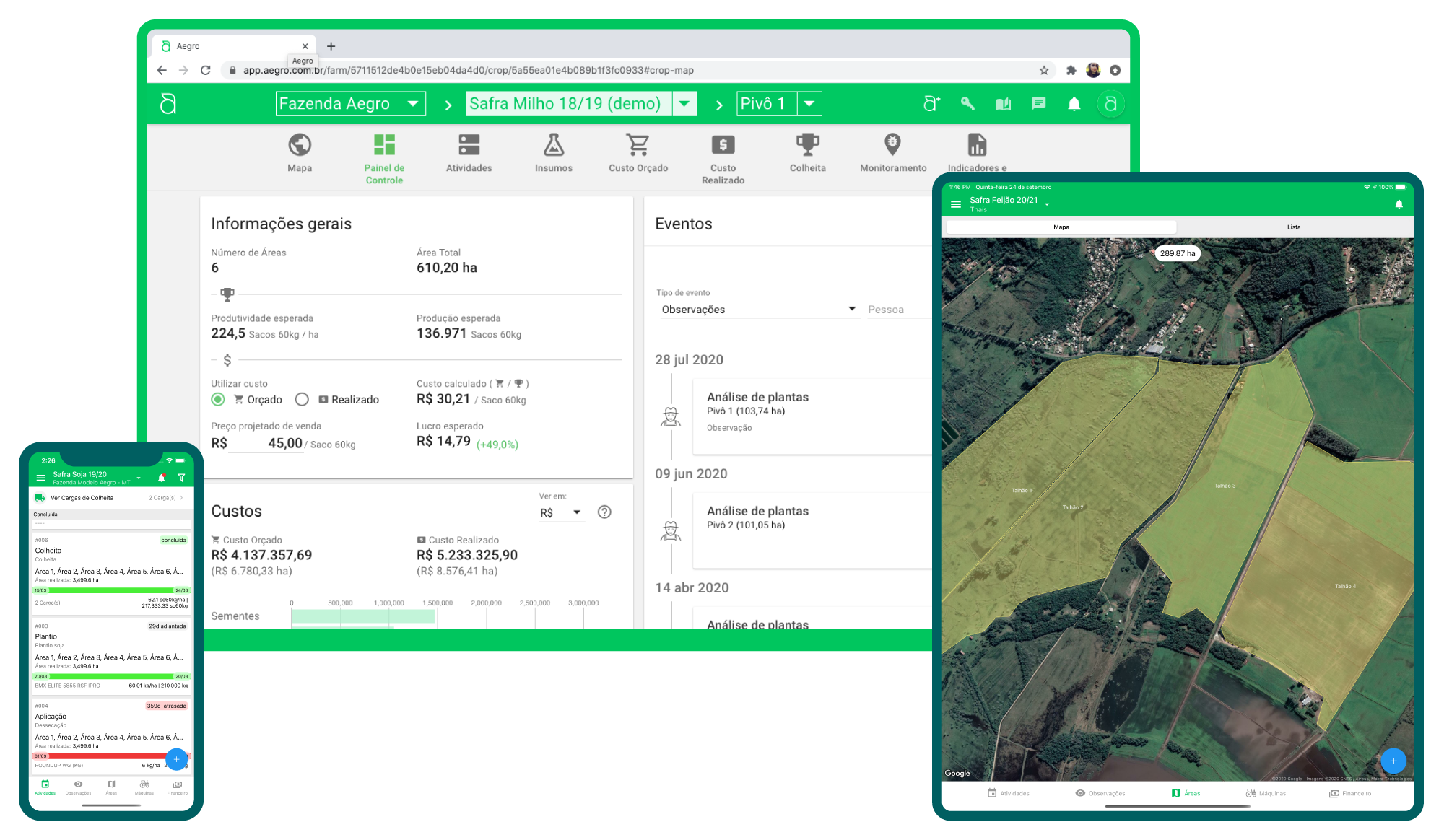 Software de Gestão Agrícola Aegro: Controle Total da Fazenda interface do software de gestão agrícola Aegro em três dispositivos diferentes: um navegador de desktop, um
