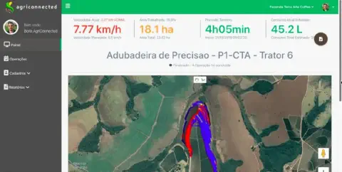 a tela de um software de gestão agrícola chamado 'agriconnected', focado em agricultura de precisão. O painel