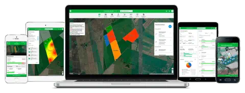 a interface do software de gestão rural Aegro em múltiplos dispositivos, incluindo um laptop, tablets e smartp