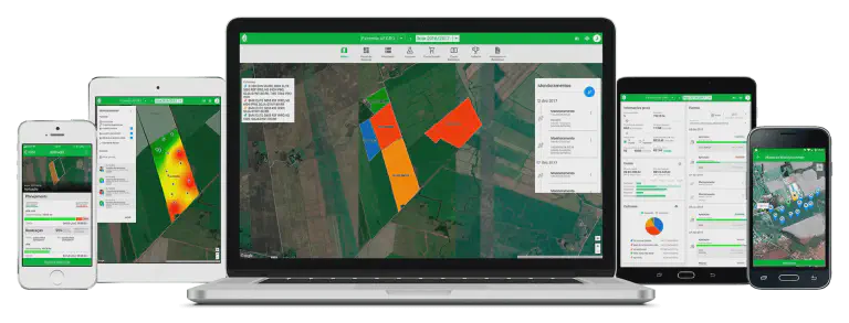 Software de Gestão Agrícola Multiplataforma | Aegro a interface do software de gestão rural Aegro em múltiplos dispositivos, incluindo um laptop, tablets e smartp