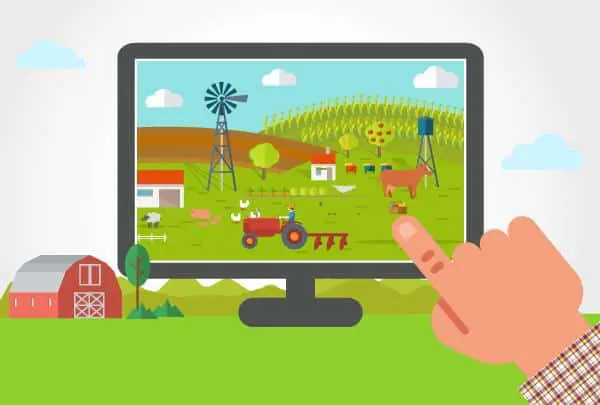 ilustração vetorial que representa a convergência entre tecnologia e agricultura. Em primeiro plano, uma mão c