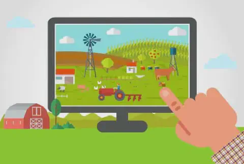 ilustração vetorial que representa a convergência entre tecnologia e agricultura. Em primeiro plano, uma mão c