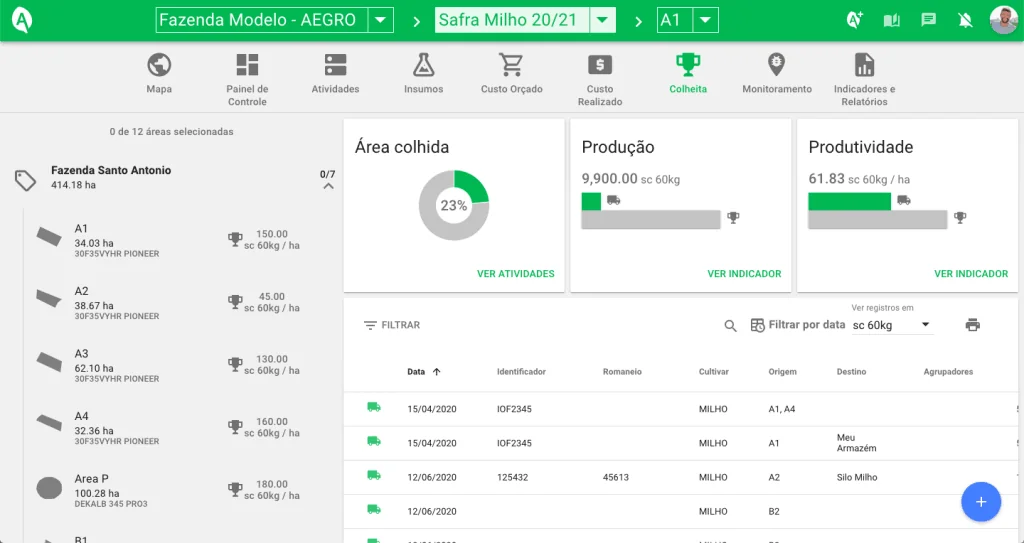 Software de Gestão de Colheita para Fazendas | Aegro a tela da funcionalidade de ‘Colheita’ do software de gestão agrícola Aegro. A interface, limpa e organizada,