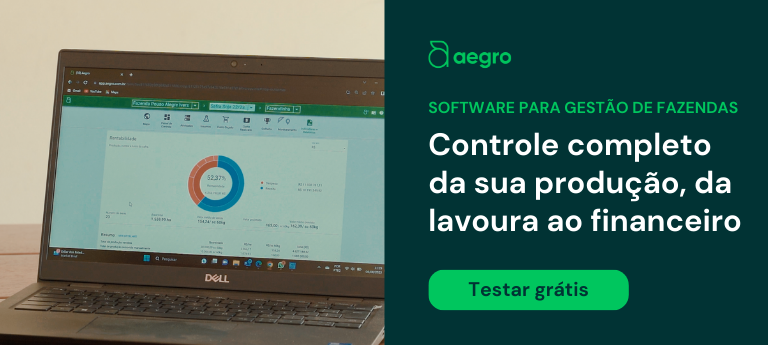 material de marketing para o software Aegro, dividida em duas partes. À esquerda, um laptop da marca Dell exibe