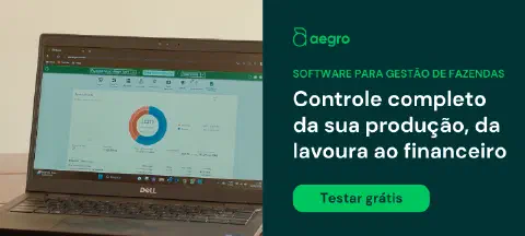 material de marketing para o software Aegro, dividida em duas partes. À esquerda, um laptop da marca Dell exibe