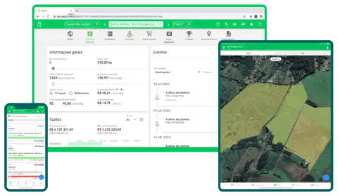 a interface do software de gestão rural Aegro em três dispositivos diferentes: um computador desktop, um table