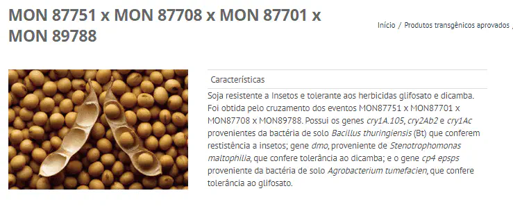 Soja Transgênica: Resistência a Insetos e Herbicidas captura de tela de uma página web informativa sobre um produto agrícola transgênico. No lado esquerdo, há uma