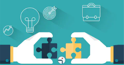 Ilustração conceitual em estilo 'flat design' sobre um fundo verde-azulado. A imagem centraliza duas mãos estilizadas, vestin