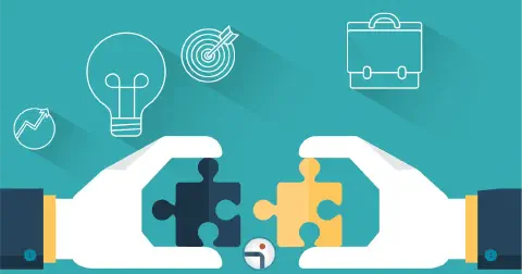 Ilustração conceitual em estilo 'flat design' sobre um fundo verde-azulado. A imagem centraliza duas mãos estilizadas, vestin