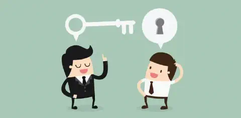 A ilustração, em estilo cartoon, exibe dois homens em um ambiente de negócios. À esquerda, um homem de terno preto e expressã