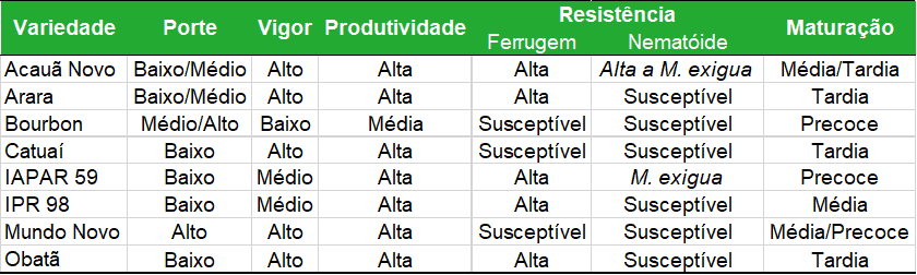 uma tabela comparativa detalhada de diferentes variedades de café, projetada para auxiliar produtores rurais n