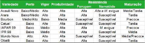 uma tabela comparativa detalhada de diferentes variedades de café, projetada para auxiliar produtores rurais n
