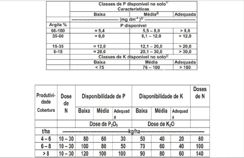 duas tabelas técnicas utilizadas na agricultura para a recomendação de adubação. A primeira tabela classifica