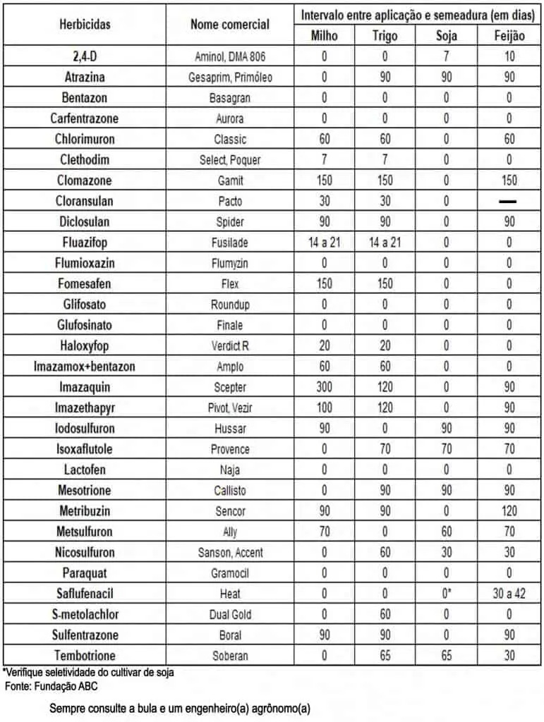 Tabela de Carryover de Herbicidas para Grãos e Feijão uma tabela técnica detalhada que informa o intervalo de segurança, em dias, entre a aplicação de diversos herb