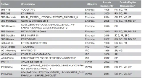 uma tabela detalhada com informações sobre diferentes cultivares agrícolas, provavelmente de algum cereal como