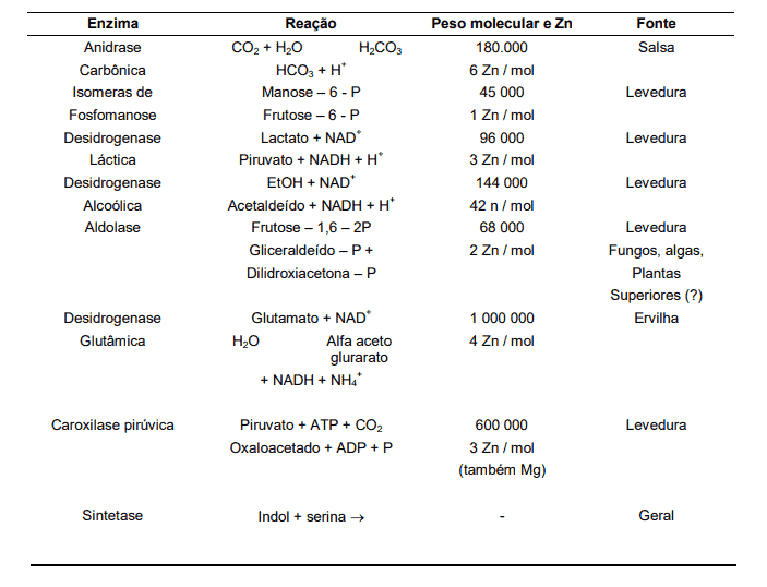 uma tabela detalhada que resume informações bioquímicas sobre diversas enzimas, com foco na sua relação com o