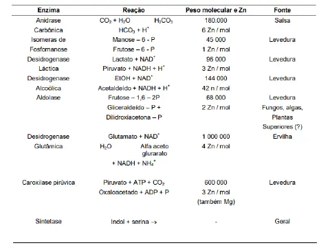 uma tabela detalhada que resume informações bioquímicas sobre diversas enzimas, com foco na sua relação com o