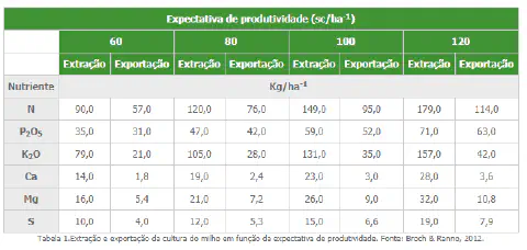 uma tabela técnica detalhando a extração e exportação de nutrientes pela cultura do milho, correlacionando-as