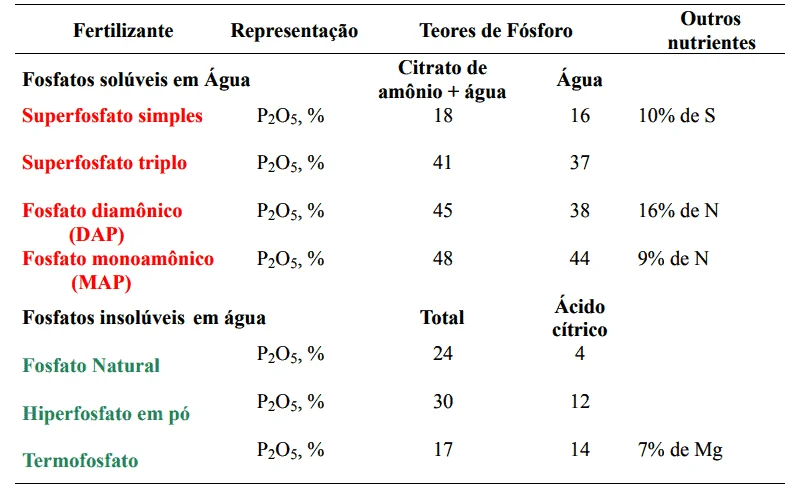 uma tabela técnica que classifica e compara diferentes tipos de fertilizantes fosfatados, essenciais para a nu
