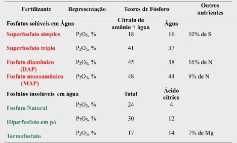 uma tabela técnica que classifica e compara diferentes tipos de fertilizantes fosfatados, essenciais para a nu