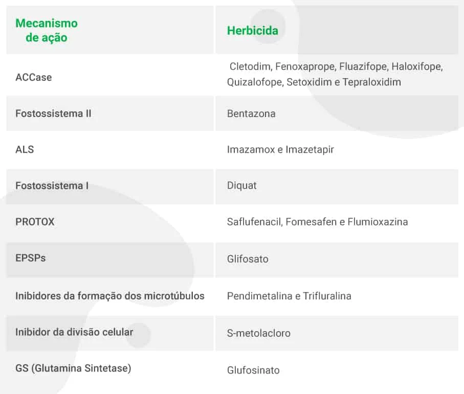 Tabela de Herbicidas e seus Mecanismos de Ação tabela informativa que classifica diferentes tipos de herbicidas com base em seus respectivos mecanism