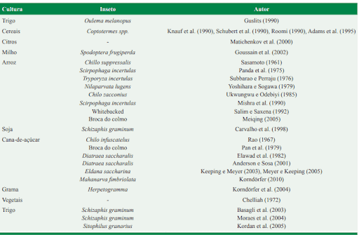 uma tabela informativa de caráter técnico-científico, que relaciona diversas culturas agrícolas com os insetos