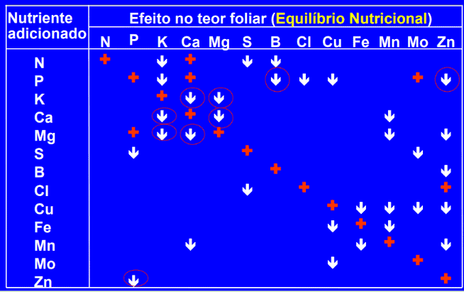 uma tabela técnica, conhecida como Tabela de Interação de Nutrientes ou Tabela de Mulder, que ilustra as compl