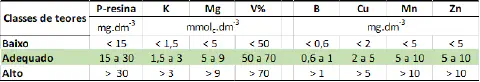 uma tabela técnica para a interpretação de resultados de análise de solo, intitulada 'Classes de teores'. A ta