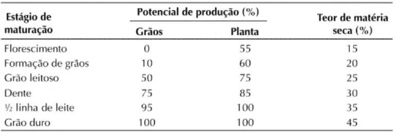 Tabela de Maturação e Ponto de Colheita de Milho uma tabela técnica que correlaciona os diferentes estágios de maturação de uma cultura, provavelmente milho, c