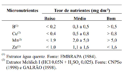 uma tabela técnica utilizada na agronomia para a interpretação dos teores de micronutrientes no solo. Intitula