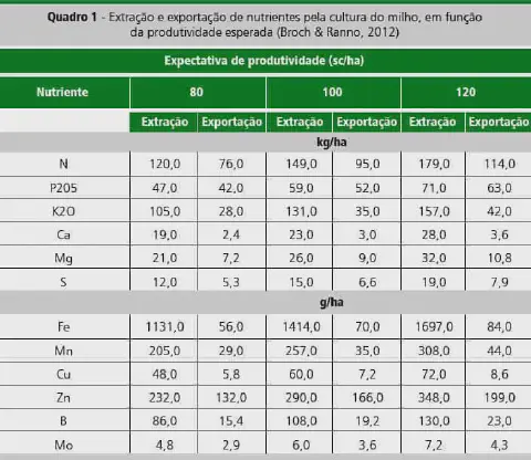 uma tabela técnica, intitulada 'Quadro 1', que detalha a extração e exportação de nutrientes pela cultura do m
