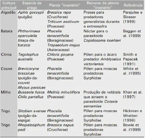 uma tabela informativa detalhada sobre o uso de 'plantas insetário' para o controle biológico de pragas em div