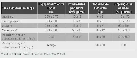 uma tabela técnica detalhada com recomendações para o plantio de diferentes tipos comerciais de sorgo. Organiz