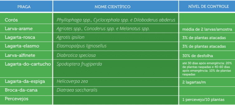 Tabela de Pragas Agrícolas e Nível de Controle uma tabela informativa sobre pragas agrícolas, organizada em três colunas: ‘PRAGA’, ‘NOME CIENTÍFICO’ e ‘NÍVEL