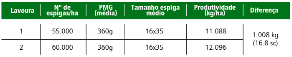 tabela comparativa que analisa os resultados de produtividade entre duas lavouras de milho, identifica